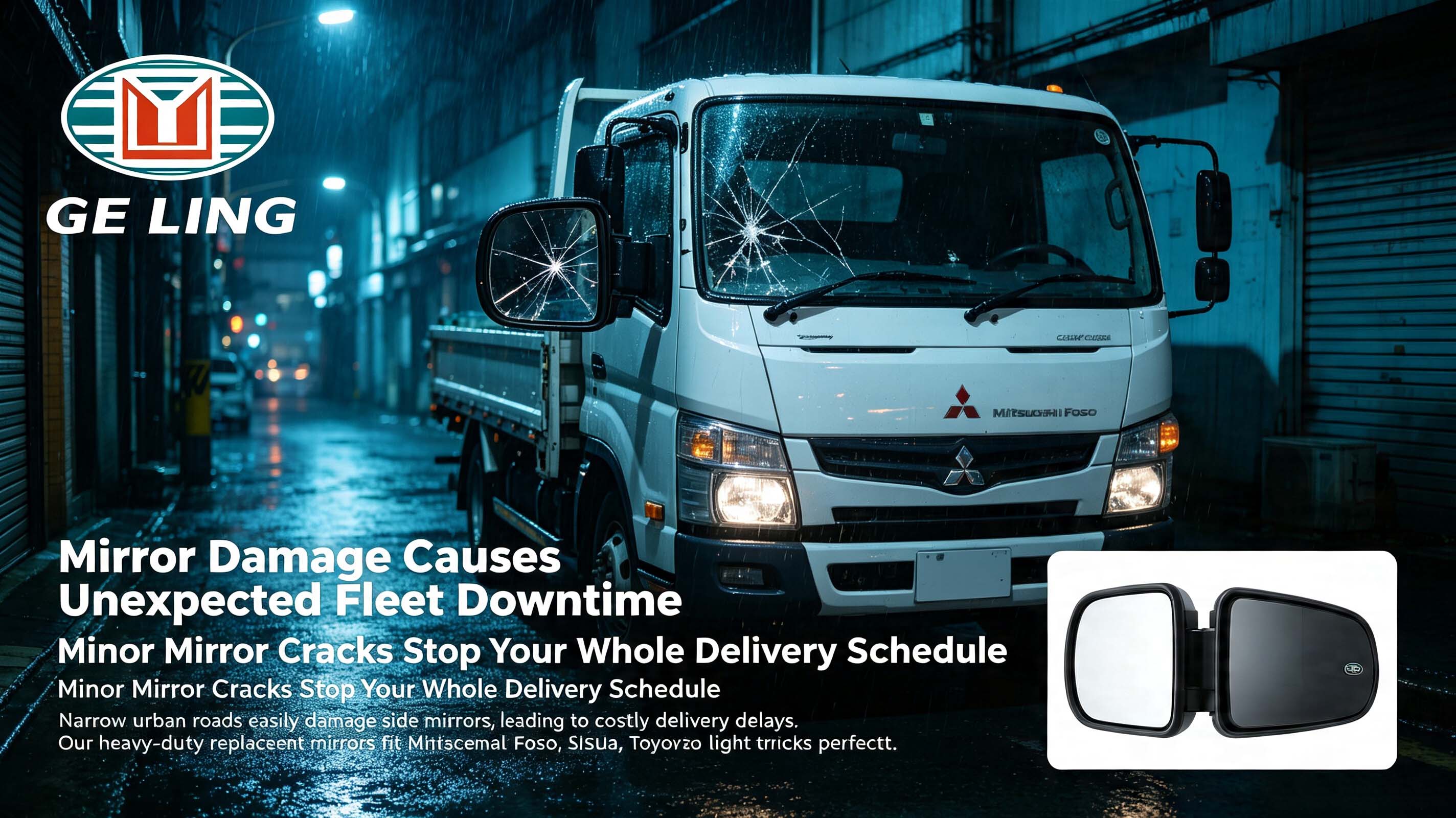 Broken side mirror on Mitsubishi Fuso delivery truck, GE LING replacement truck mirror.jpg