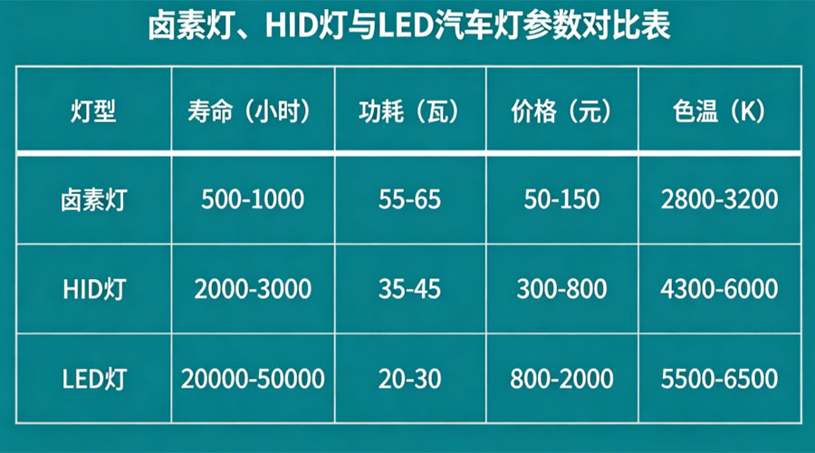 Halogen vs HID vs LED auto lamp parameter comparison chart Geling auto parts